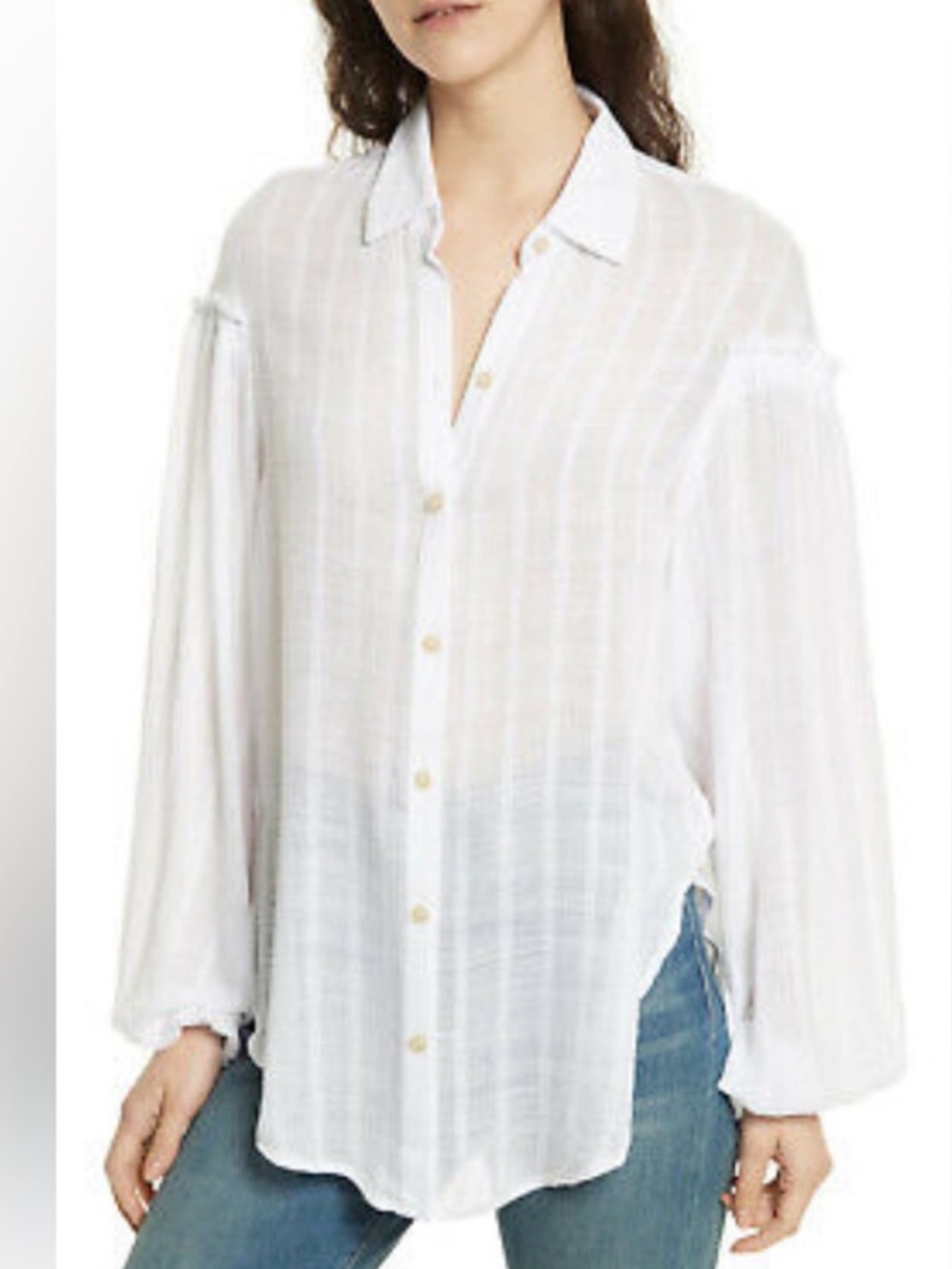 Free People White sheer Lightweight Textured Button-Up Shirt